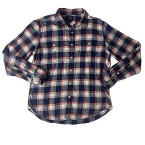 J. Crew Men's Navy and Red Plaid Button Down Flannel Shirt, L